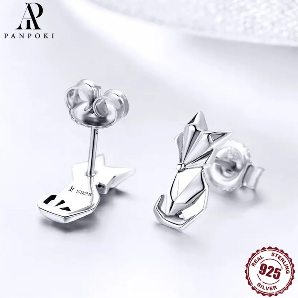 Sterling Silver Abstract Fox Stud Earrings - Picture 2 of 4